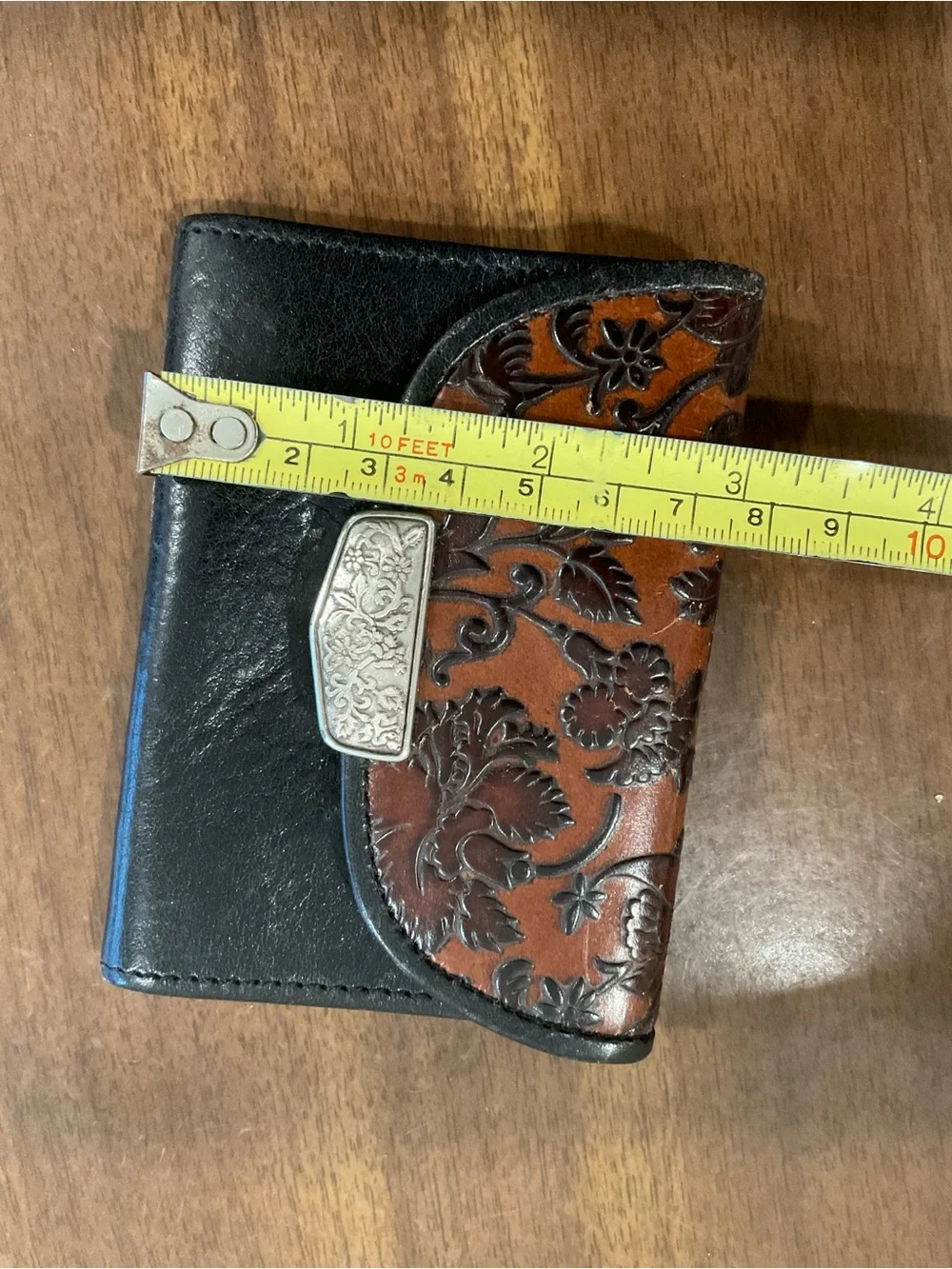 Brighton Black and Brown Tooled Floral Leather coin purse with belt straps bag